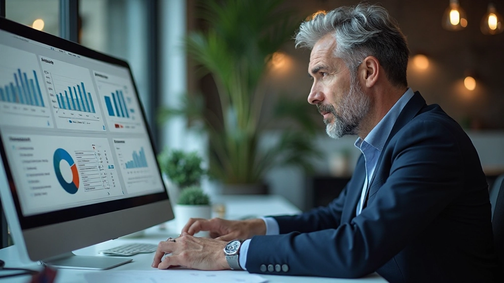Профессионал работает с финансовыми данными и отчетами на компьютере