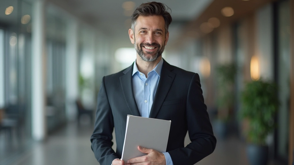 Успешный казахстанский предприниматель улыбается, держа папку с документами в современном офисе