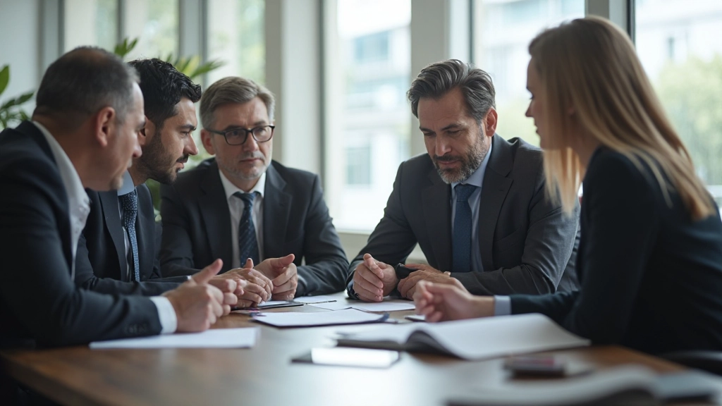 Группа профессионалов обсуждает пенсионные инвестиции в конференц-зале