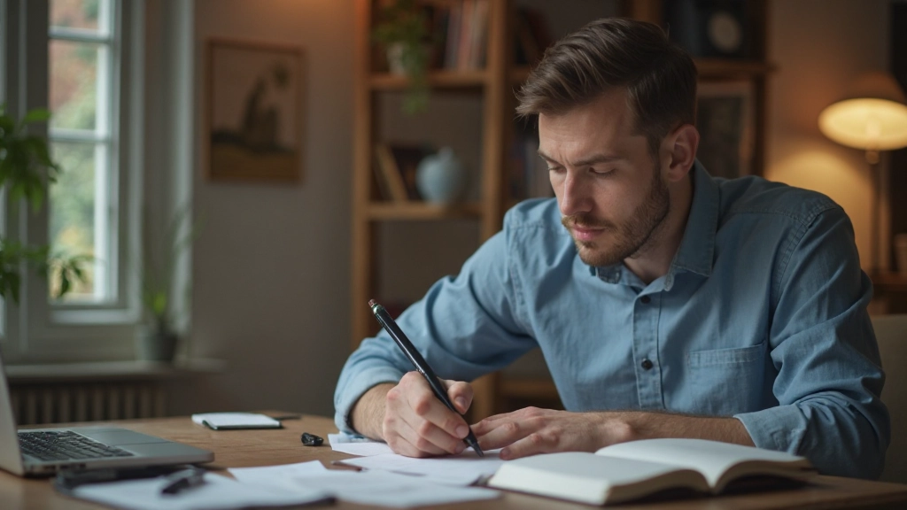 Молодой мужчина заполняет финансовые таблицы и ведет учет расходов