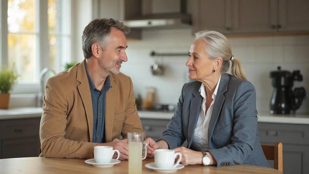 Супруга и супруг обсуждают финансовые вопросы с позитивным настроением за кофе