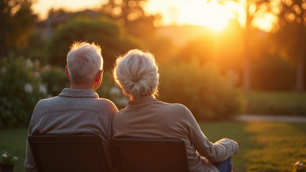 Пара смотрит на закат, наслаждаясь свободной и обеспеченной пенсией