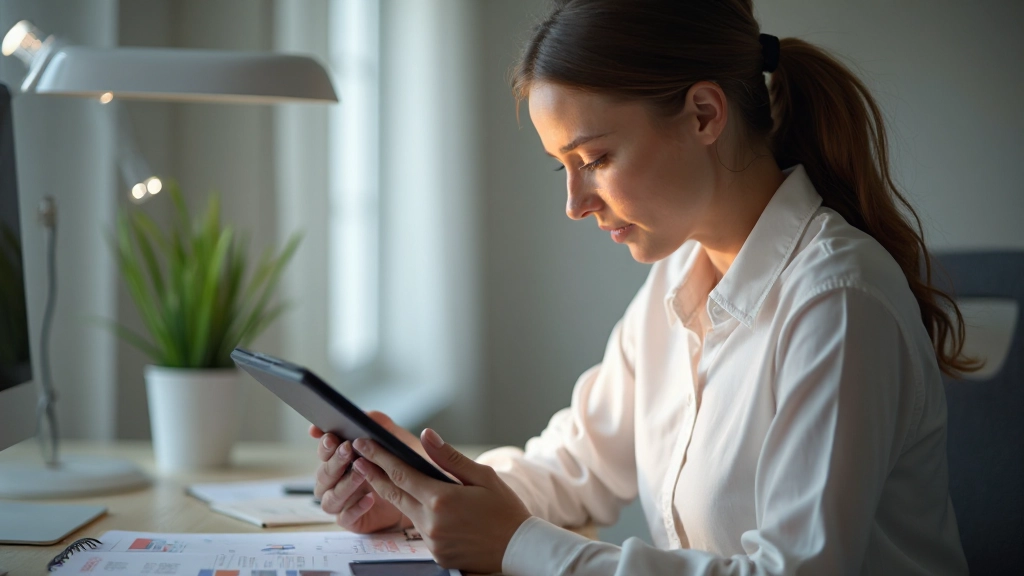 Бухгалтер использует специальное приложение на планшете для отслеживания семейного бюджета