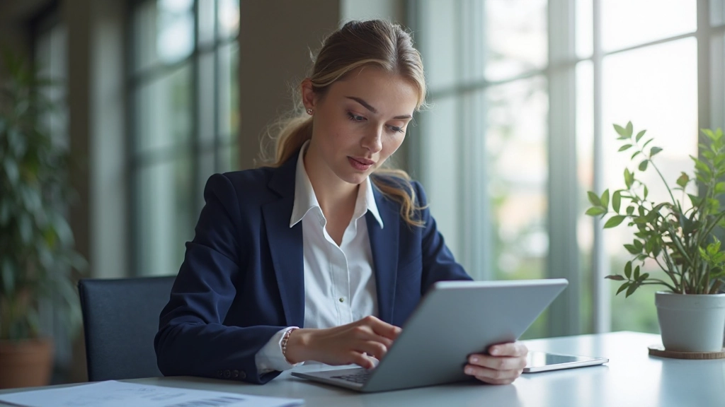 Молодая профессиональная женщина анализирует инвестиционный портфель на экране планшета